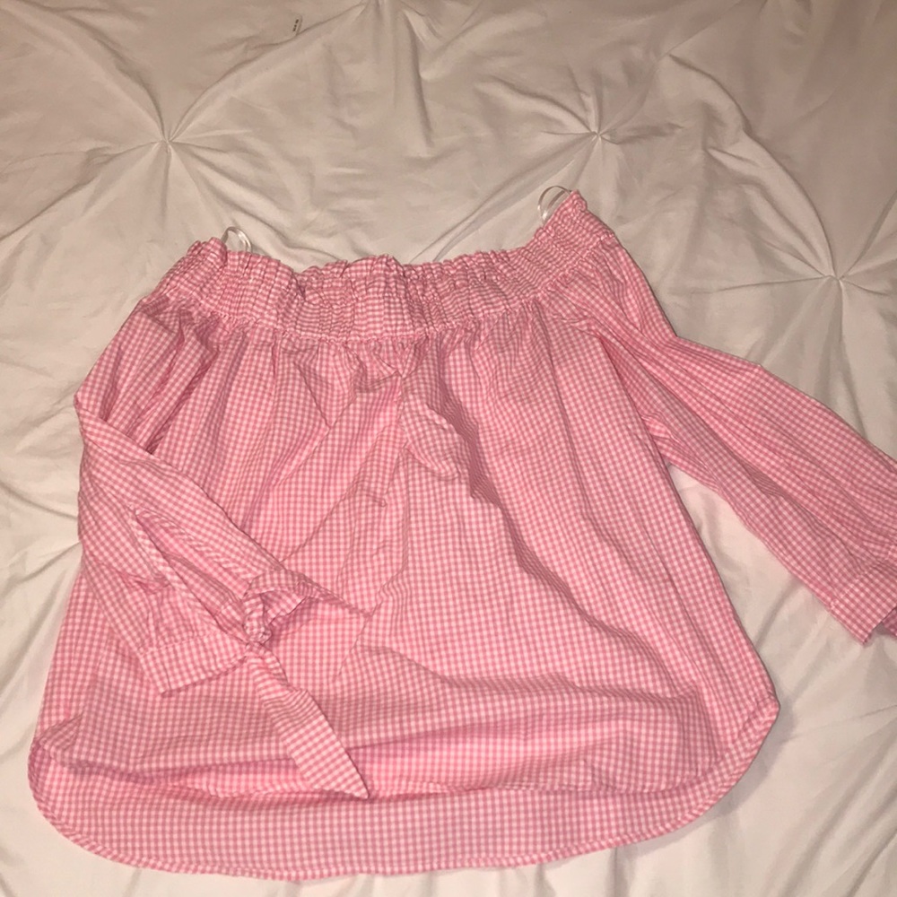 Checkered-pink off the shoulder long sleeve